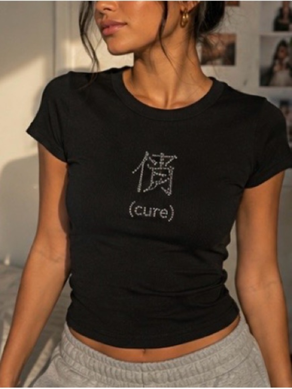 Womens Short Sleeve Tee with Rhinestone "cute" Graphic
